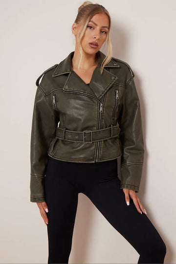 KATCH ME Khaki Zipper Belt Decor PU Biker Jacket Coat